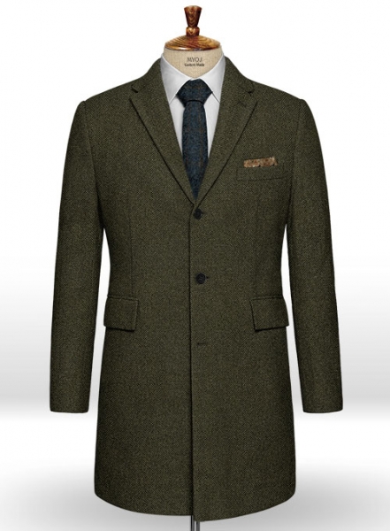 Vintage Flat Green Herringbone Tweed Overcoat