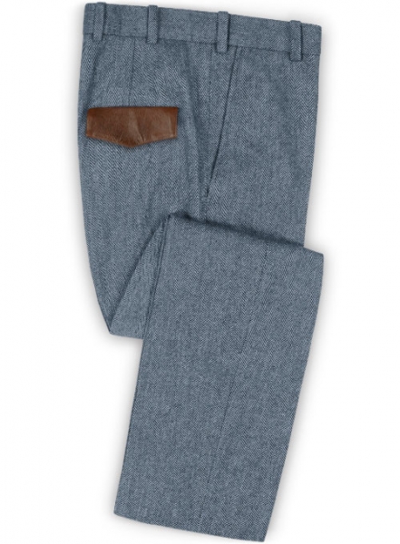 Vintage Herringbone Blue Tweed Pants - Leather Trims