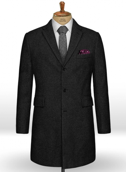 Vintage Plain Black Tweed Overcoat