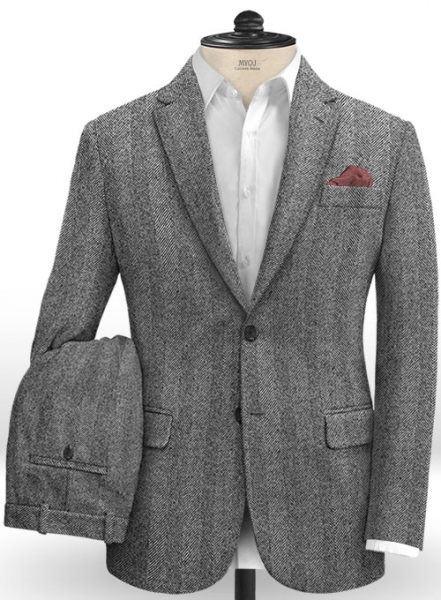 Italian Wide Herringbone Charcoal Tweed Suit