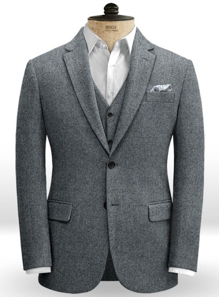 Mid Blue Herringbone Flecks Donegal Tweed Jacket