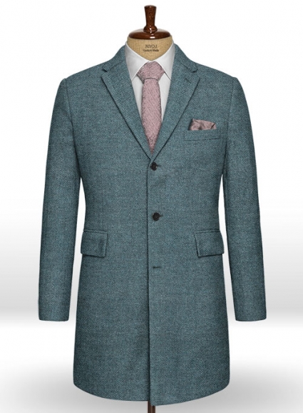 Teal Blue Herringbone Tweed Overcoat