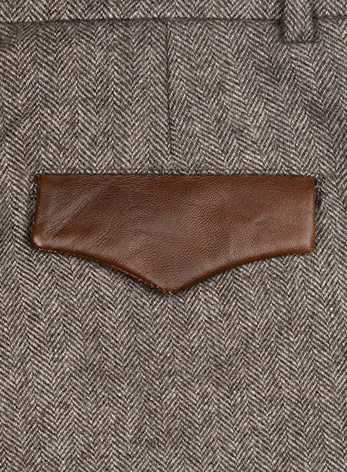Vintage Dark Brown Herringbone Tweed Pants - Leather Trims
