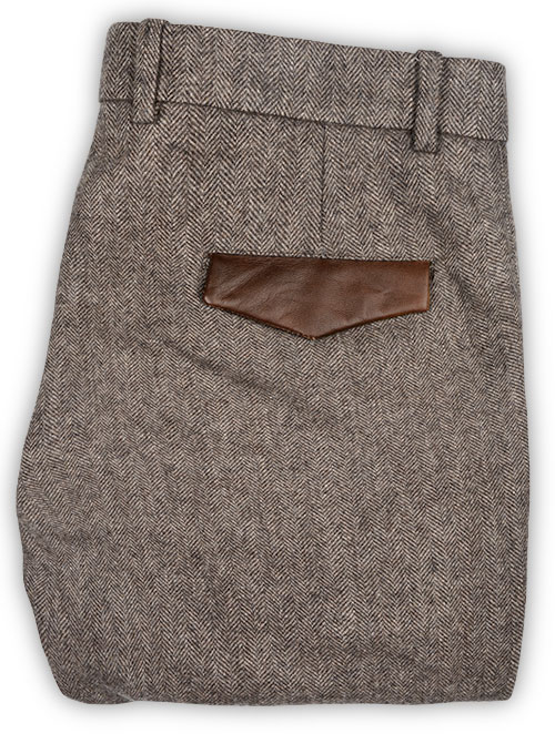 Vintage Dark Brown Herringbone Tweed Pants - Leather Trims
