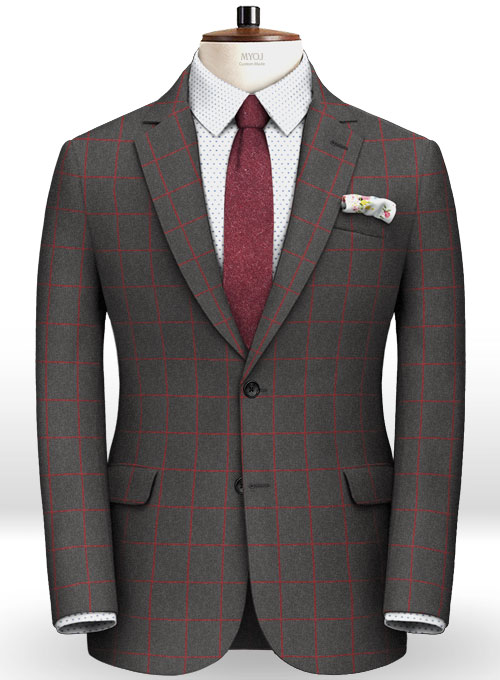 Charcoal Red Windowpane Flannel Wool Jacket