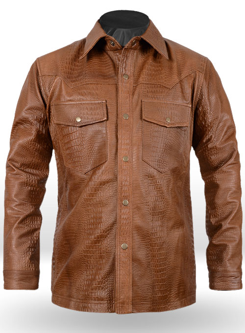 Crocodile Brown V Tab Leather Shirt Jacket