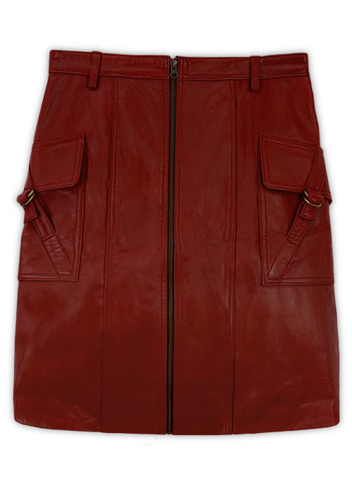 Cherry Red Front Pocket Leather Skirt - # 147 - L Regular