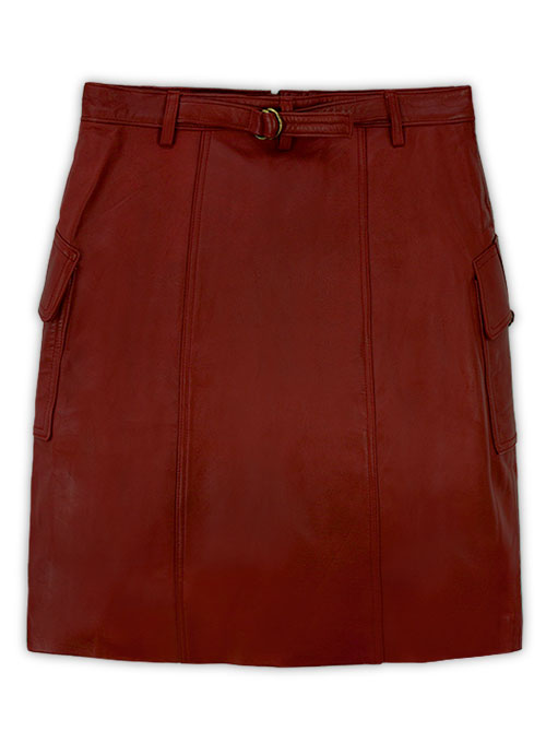 Cherry Red Front Pocket Leather Skirt - # 147 - L Regular