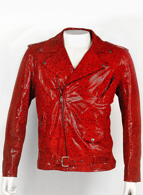 Shiny Red Python Leather Biker Jacket # 2