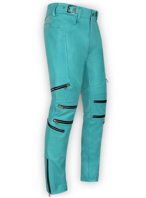 Bright Blue Electric Zipper Mono Leather Pants