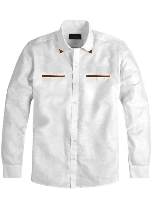 Leather Trim Linen Shirt - Click Image to Close