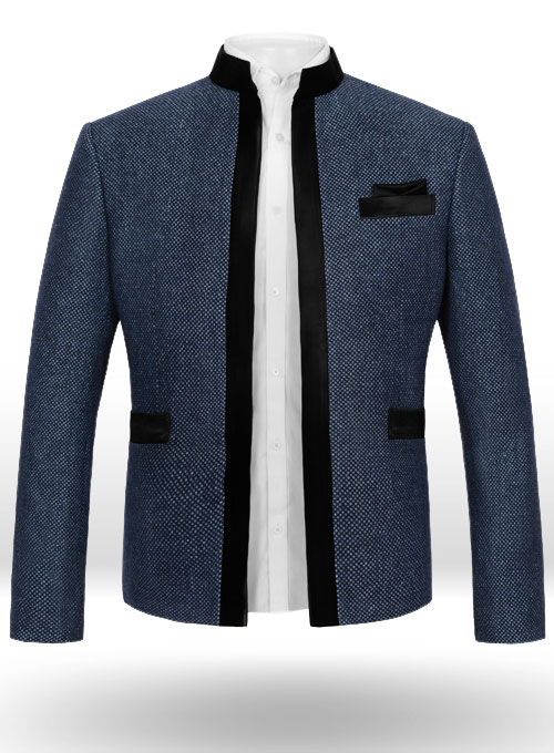 Blue Honey Comb Tweed Nehru Tuxedo Jacket