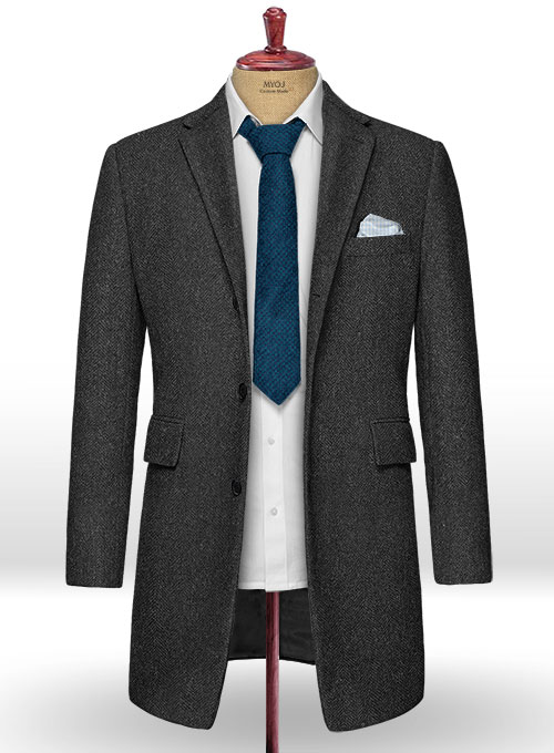 Charcoal Herringbone Tweed Overcoat - Click Image to Close