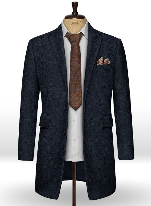 Deep Blue Herringbone Tweed Overcoat - Click Image to Close