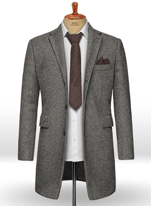 Gray Herringbone Flecks Donegal Tweed Overcoat