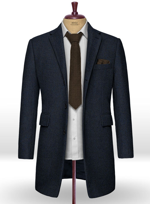 Light Weight Melange Dark Blue Tweed Overcoat - Click Image to Close