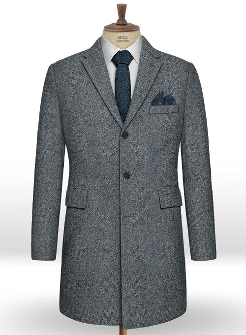 Mid Blue Herringbone Flecks Donegal Tweed Overcoat