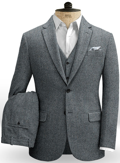 Mid Blue Herringbone Flecks Donegal Tweed Suit