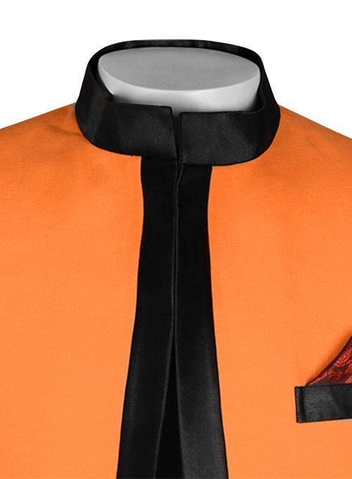 Pure Neon Orange Linen Nehru Tuxedo Jacket - Click Image to Close