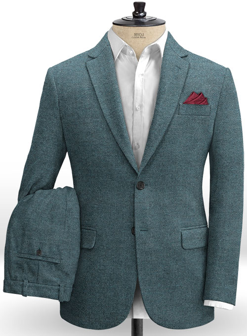 Teal Blue Herringbone Tweed Suit