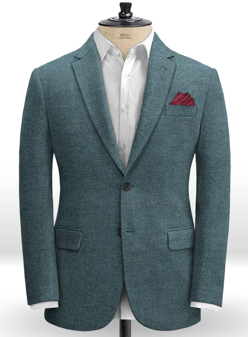 Teal Blue Herringbone Tweed  Suit