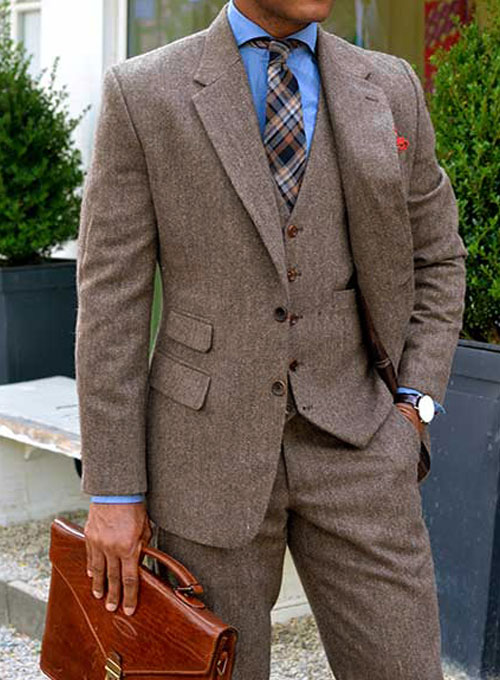 Vintage Dark Brown Herringbone Tweed Suit