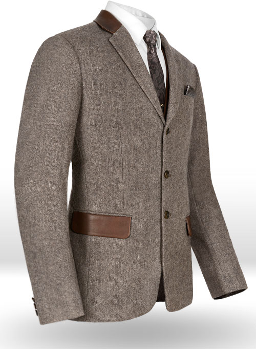 Vintage Dark Brown Herringbone Tweed Jacket - Leather Trims