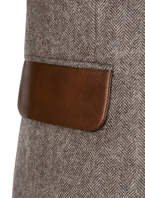 Vintage Dark Brown Herringbone Tweed Jacket - Leather Trims - Click Image to Close