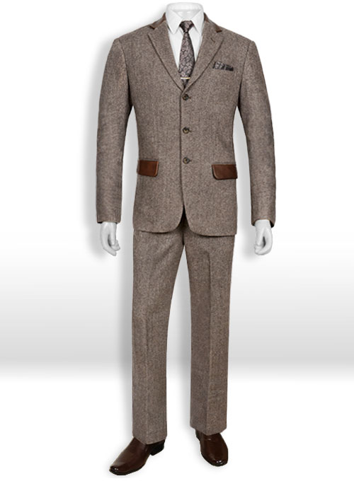 Vintage Dark Brown Herringbone Tweed Suit - Leather Trims