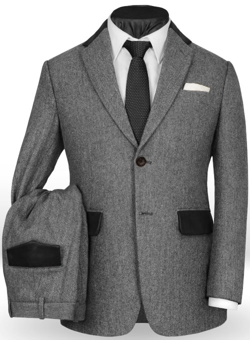 Vintage Herringbone Gray Tweed Suit - Leather Trims