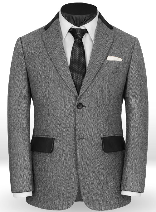 Vintage Herringbone Gray Tweed Jacket - Leather Trims