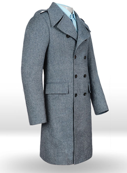 Vintage Herringbone Blue Tweed GQ Trench Coat - Click Image to Close