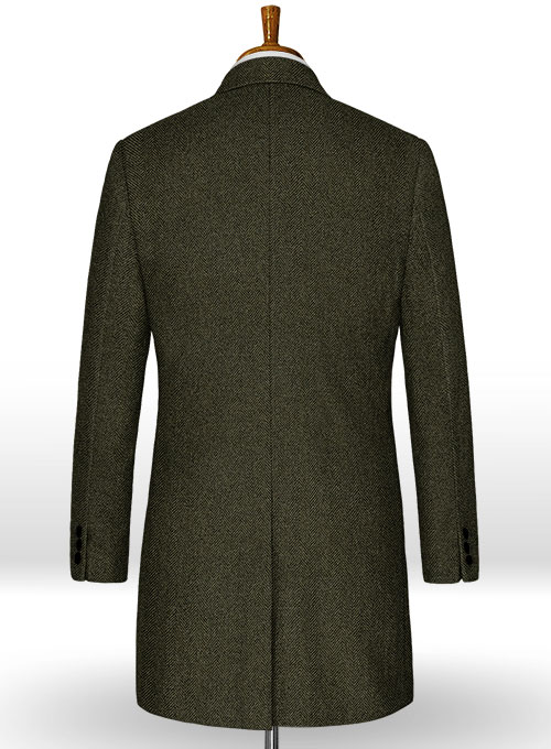 Vintage Flat Green Herringbone Tweed Overcoat