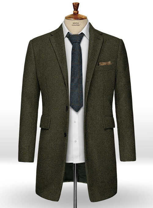 Vintage Flat Green Herringbone Tweed Overcoat