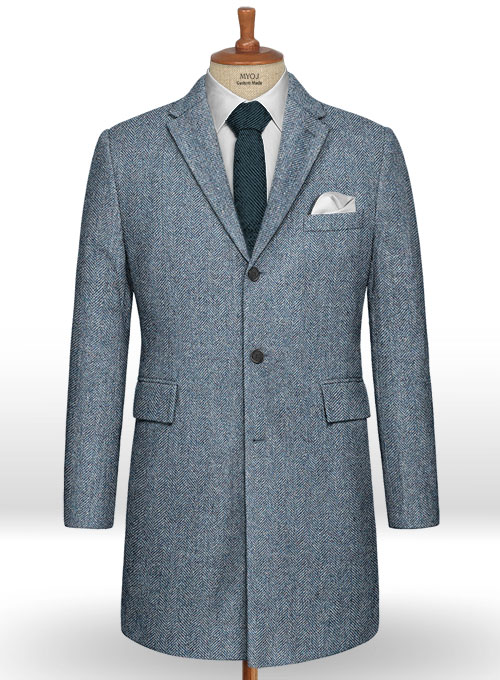 Vintage Herringbone Blue Tweed Overcoat