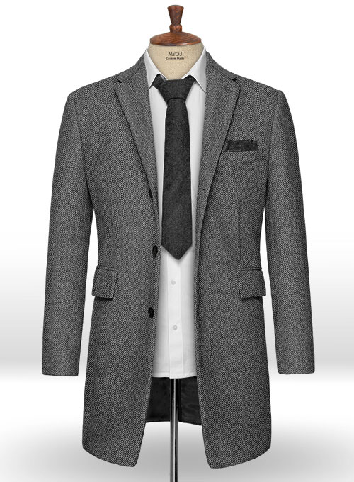 Vintage Herringbone Gray Tweed Overcoat - Click Image to Close