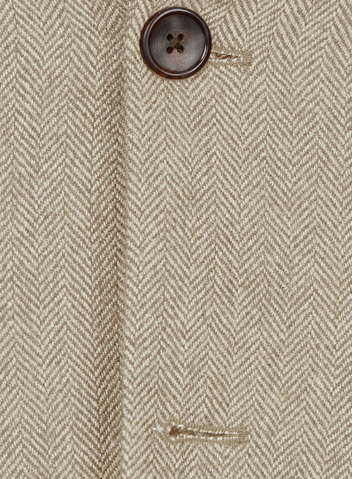 Vintage Herringbone Light Beige Tweed Jacket - Leather Trims - Click Image to Close