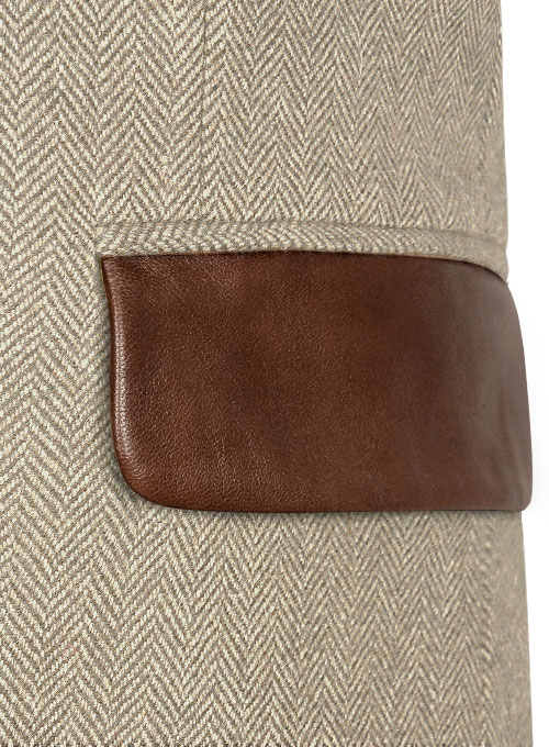 Vintage Herringbone Light Beige Tweed Jacket - Leather Trims