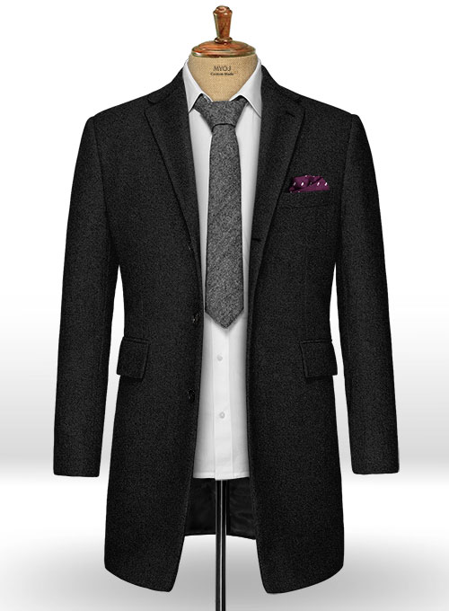 Vintage Plain Black Tweed Overcoat