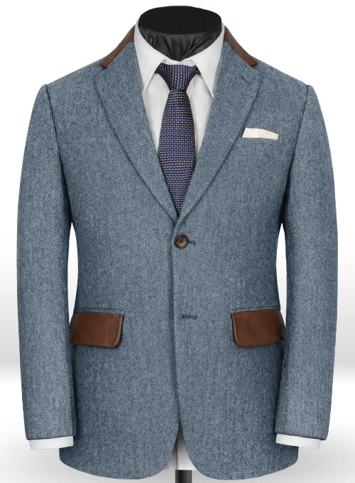 Vintage Herringbone Blue Tweed Jacket - Leather Trims