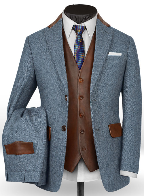 Vintage Herringbone Blue Tweed Suit - Leather Trims