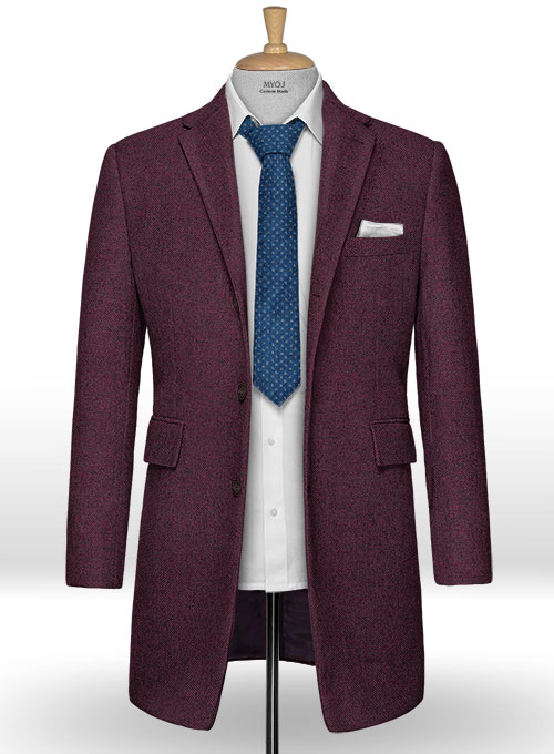 Wine Herringbone Tweed Overcoat